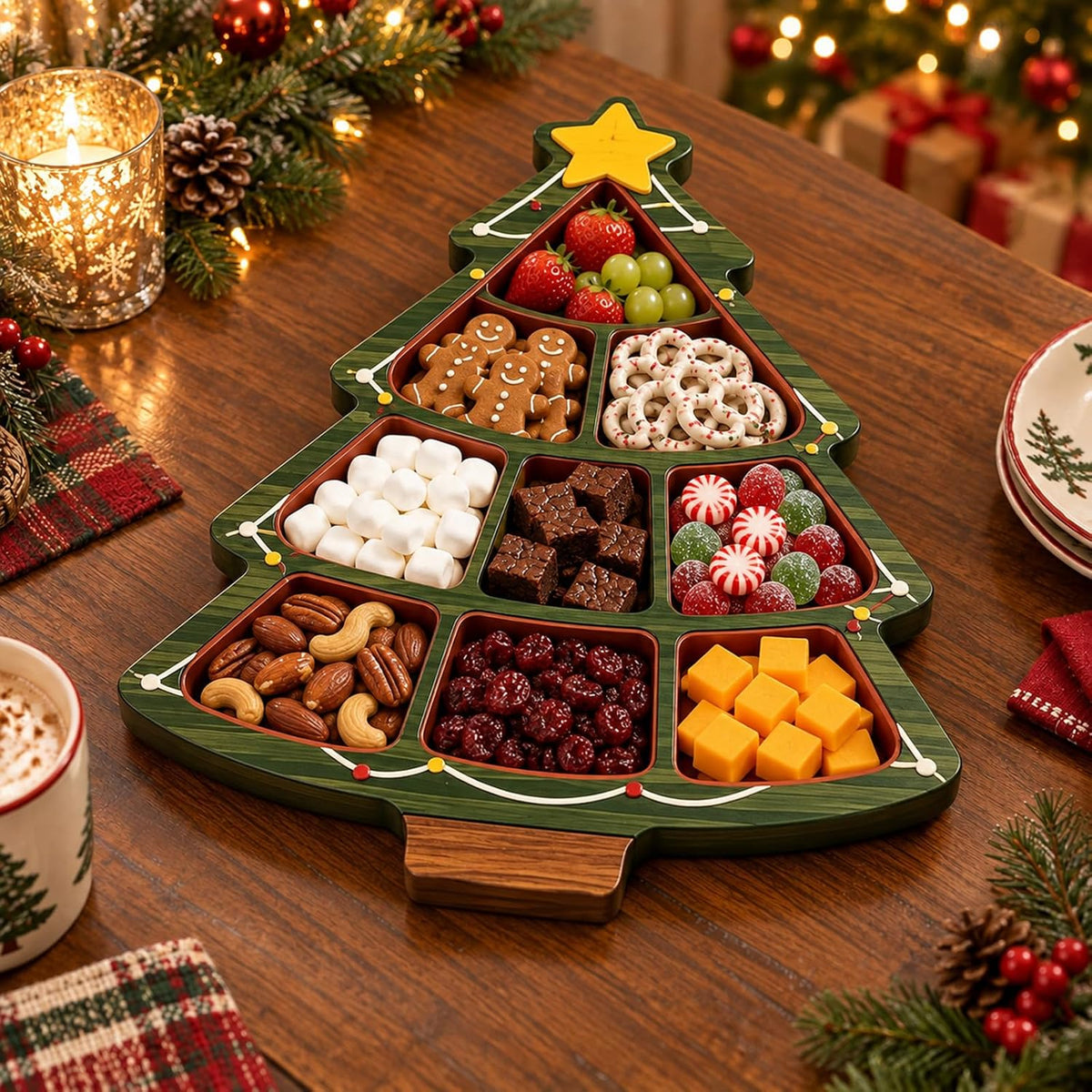 Christmas Wooden Snack Serving Tray with Divided Compartments