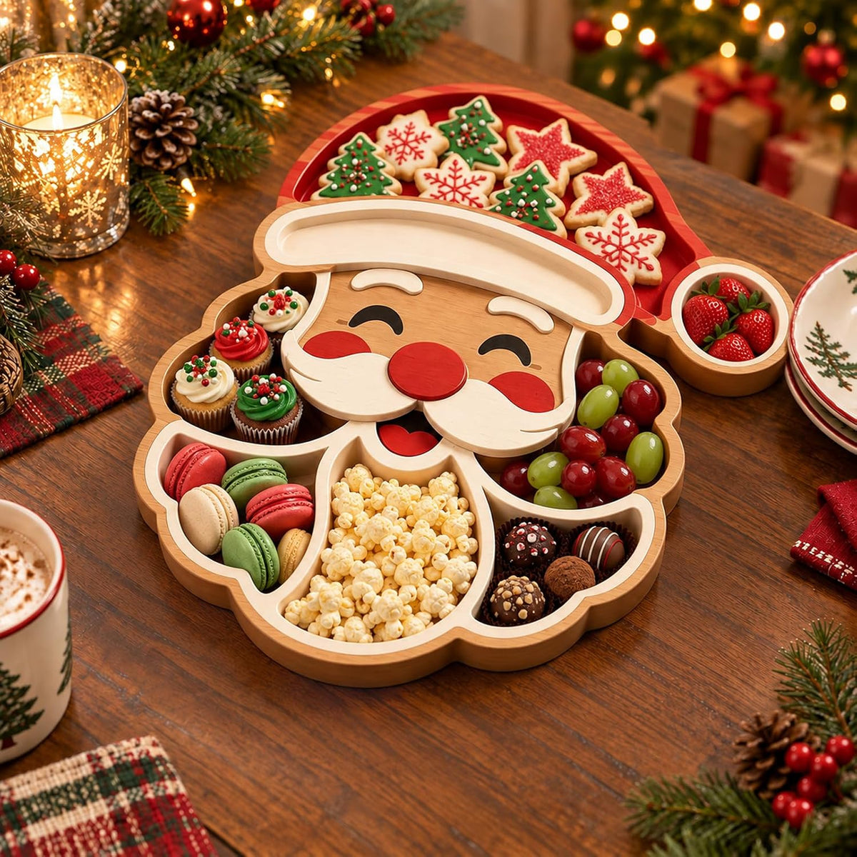Christmas Wooden Snack Serving Tray with Divided Compartments