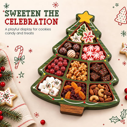 Christmas Wooden Snack Serving Tray with Divided Compartments