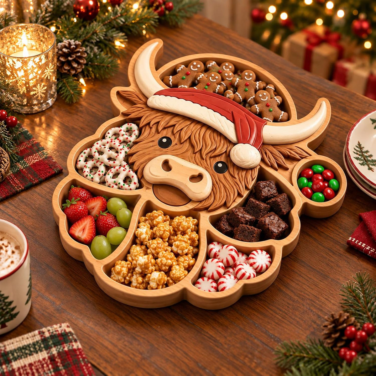 Christmas Wooden Snack Serving Tray with Divided Compartments