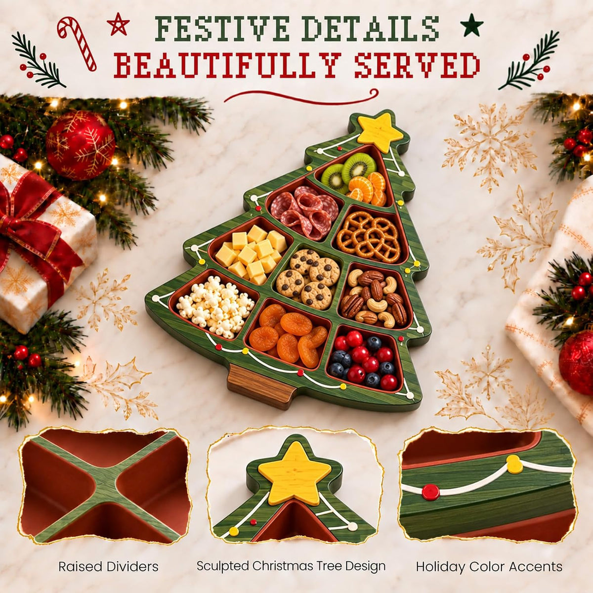 Christmas Wooden Snack Serving Tray with Divided Compartments